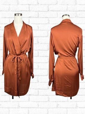 Stars Above Silky Satin Long Sleeve Flowy Relaxed Mini Robe Copper Bronze Rust